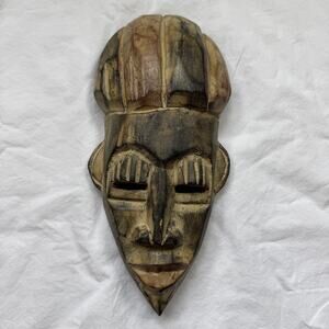 Handcrafted Ghana Wooden Mask Black Tan Tribal Wall Art Vintage Decor